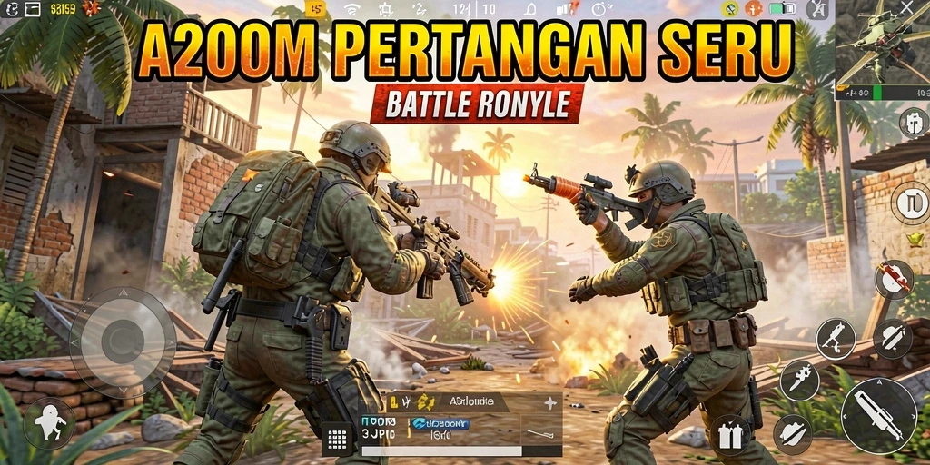 Menampilkan gameplay seru A200M dalam arena Battle Royale.