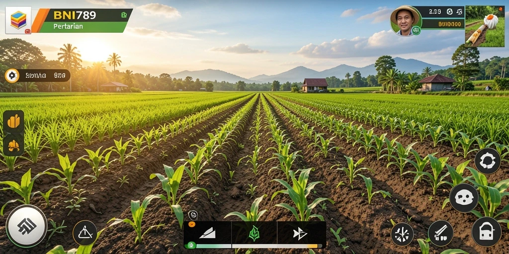 Screenshot gameplay BNI789 menampilkan ladang petani yang hijau dan subur.