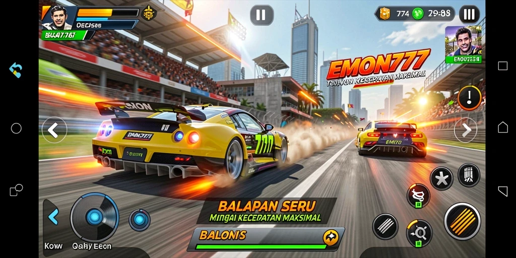 Skrinsut gameplay EMON777 yang menampilkan aksi balap yang mendebarkan.