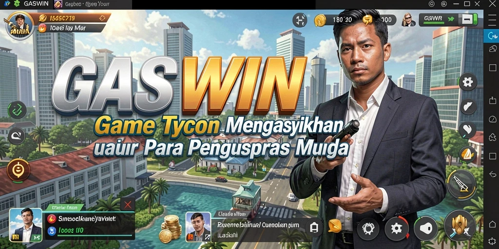 Tampilan gameplay GASWIN dengan interaksi sosial dan bisnis yang seru.