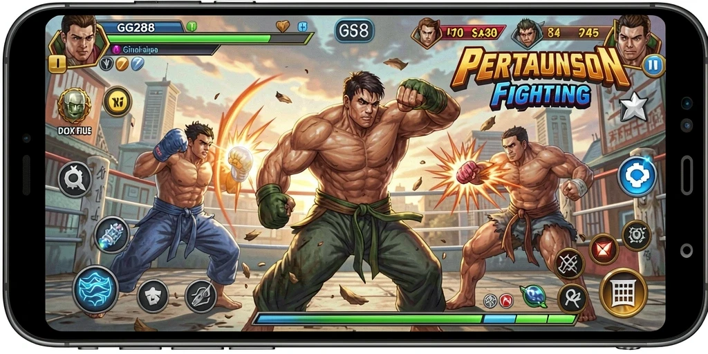 Tampilan gameplay GG288 dengan pertarungan seru dan karakter unik.
