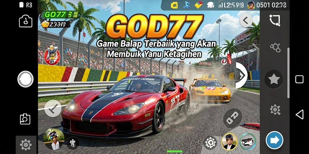 Screenshot utama GOD77 menampilkan balapan seru dengan mobil cepat di lintasan yang menegangkan.