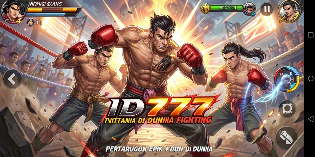 Tangkapan layar utama menunjukkan pertarungan intens antara dua karakter di arena.