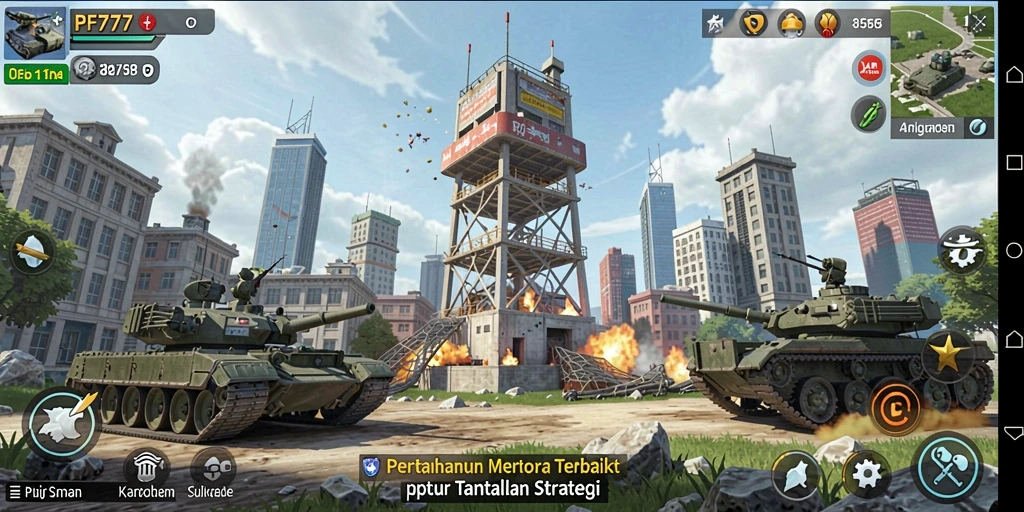 Tampilan gameplay PF777 dengan menara yang strategis dan musuh yang beragam.