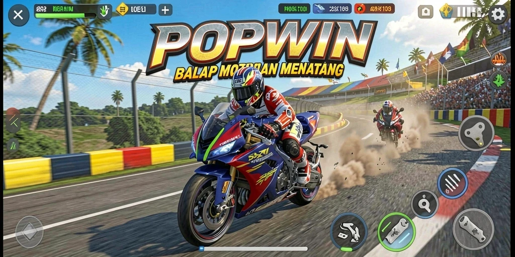 Screenshot utama POPWIN menampilkan aksi balap motor yang mendebarkan.