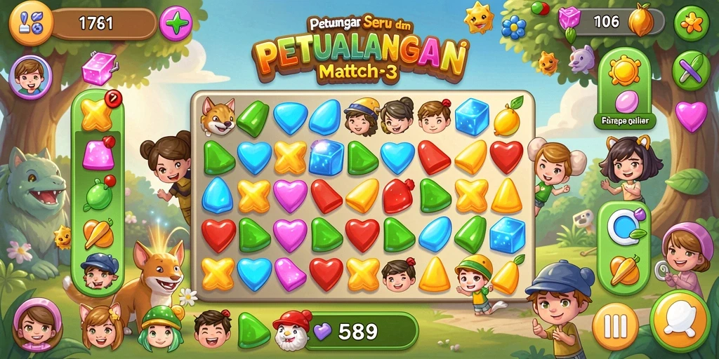 Tangkapan layar gameplay PT89 menampilkan kombinasi warna-warni seru dalam Match-3.