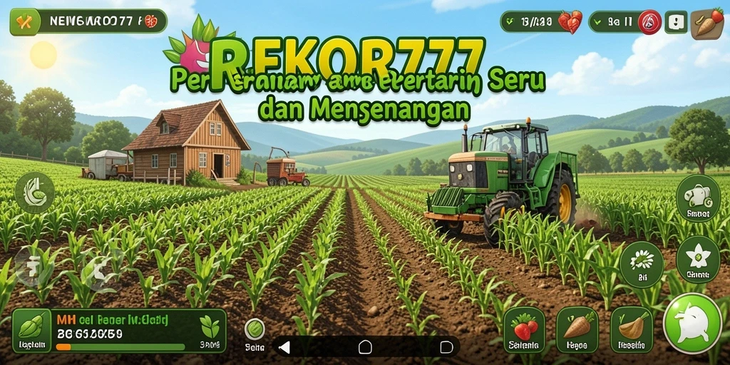 Screenshot gameplay menunjukkan lahan pertanian yang subur dan tanaman yang siap panen.