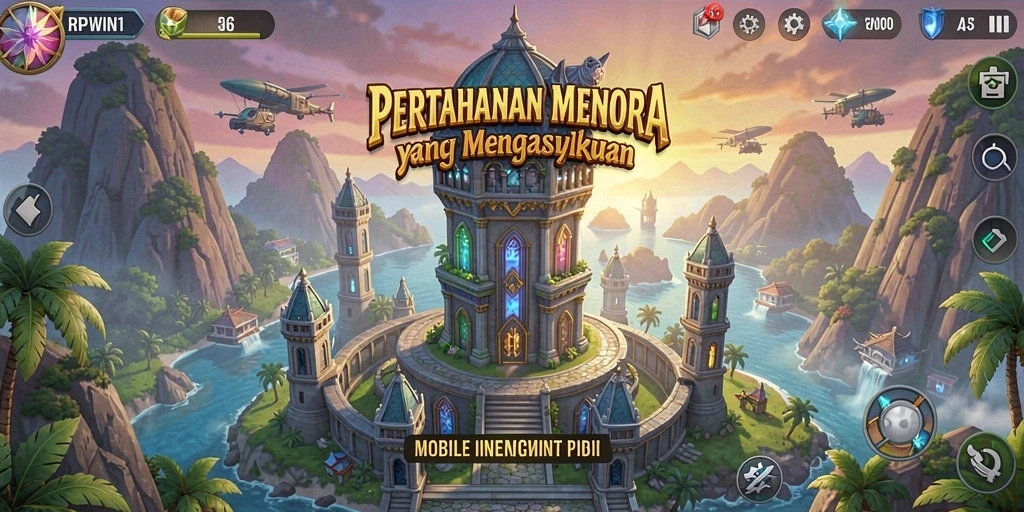Screenshot utama RPWIN1 menampilkan aksi seru dalam pertahanan menara.