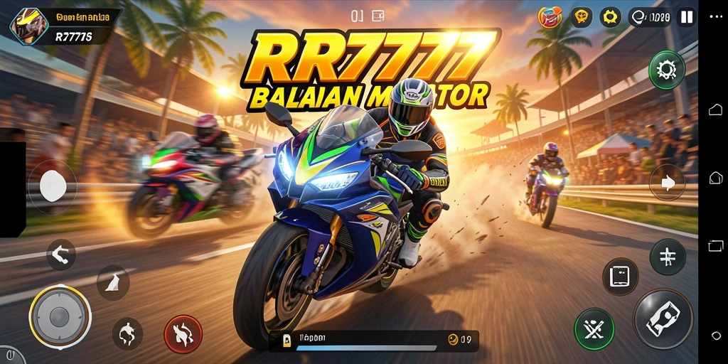 Screenshot utama RR777 menampilkan aksi balapan motor yang mendebarkan.
