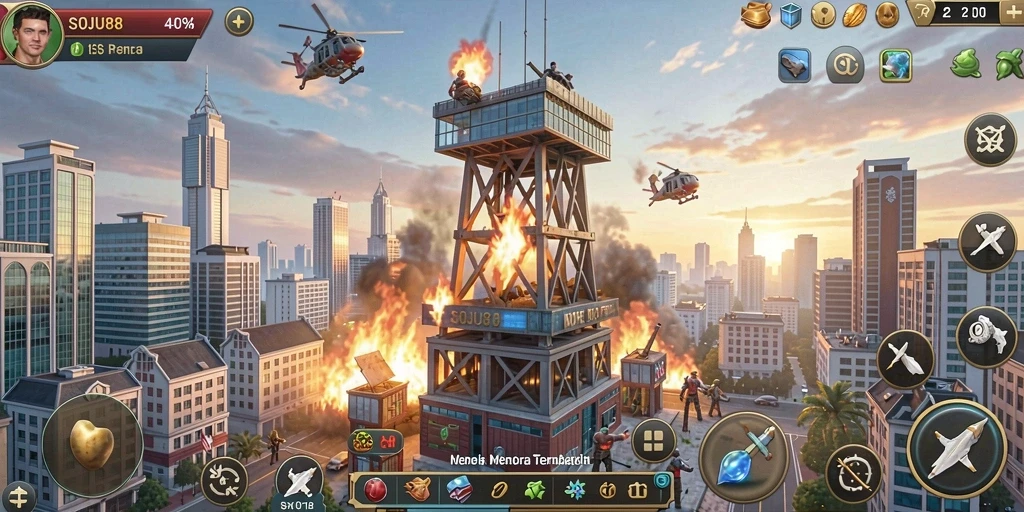 Tampilan gameplay menarik dalam game Tower Defense SOJU88 yang penuh strategi.