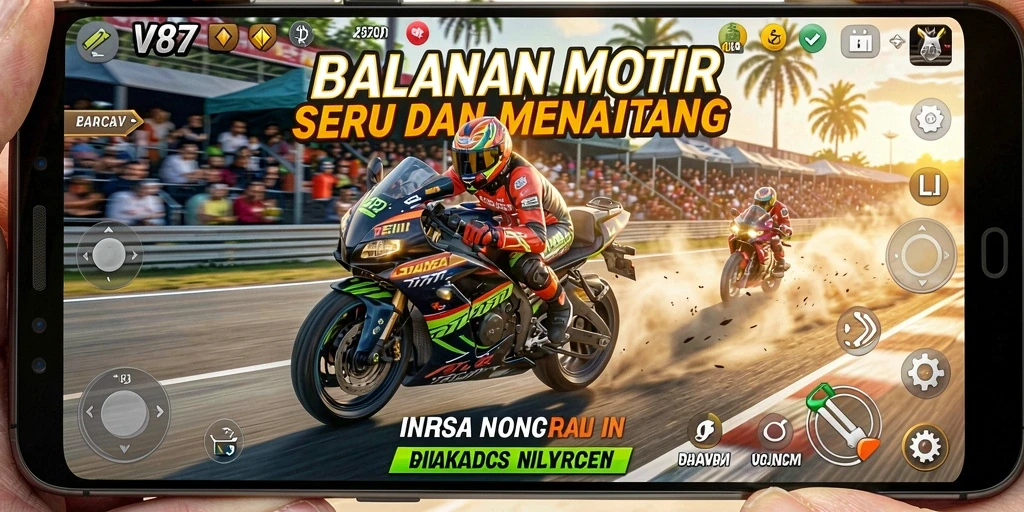 Screenshot gameplay V87 menampilkan balapan motor yang seru dan cepat.